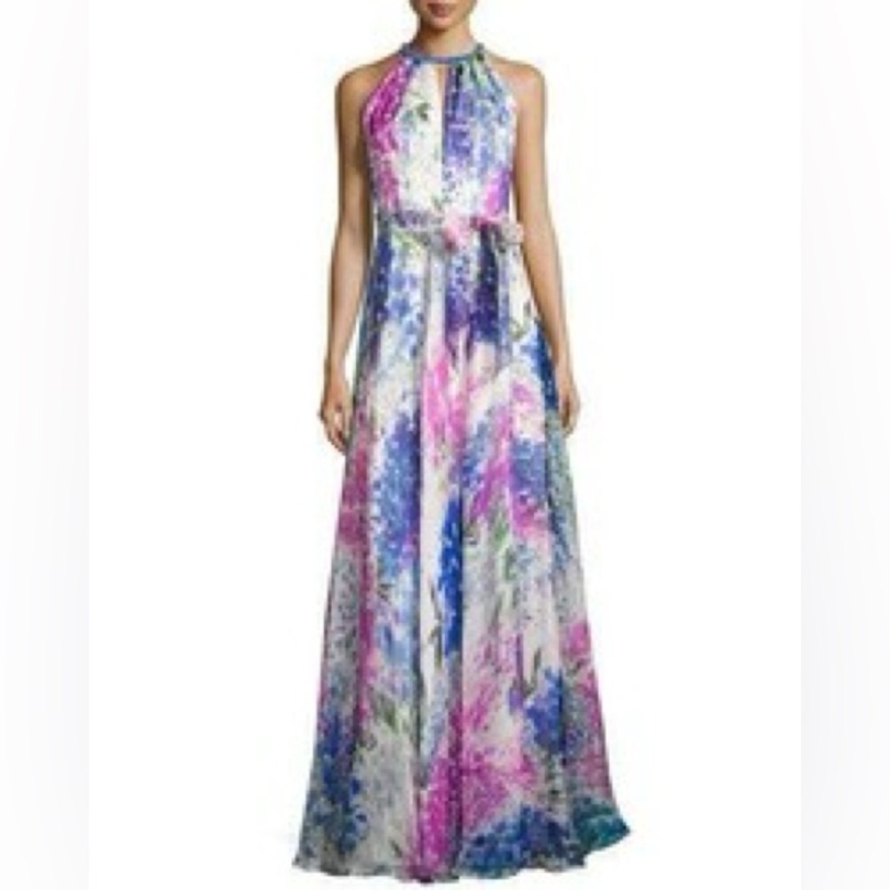 Carmen Marc Valvo Abstract Pink and Blue Floral Maxi Silk Dress | 6